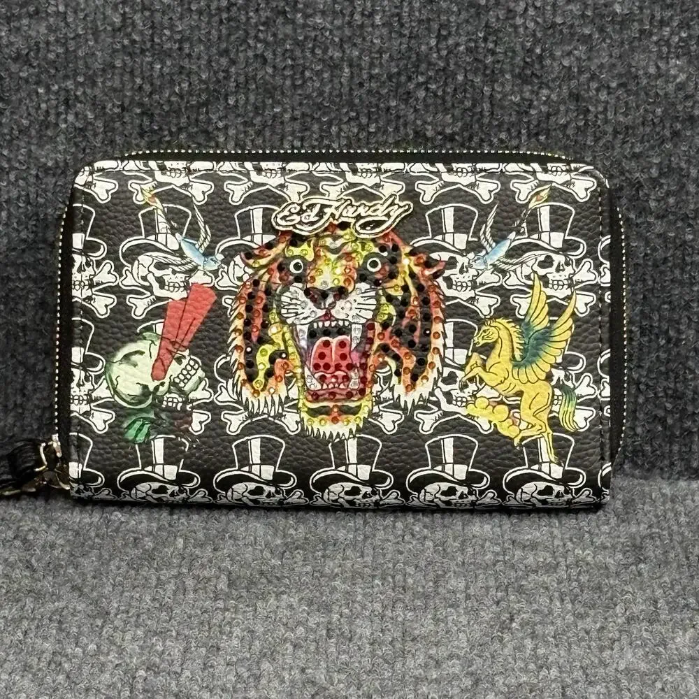 Ed Hardy Wallet Wristlet Womens One Size Black Tattoo Tiger Skull Zip Around